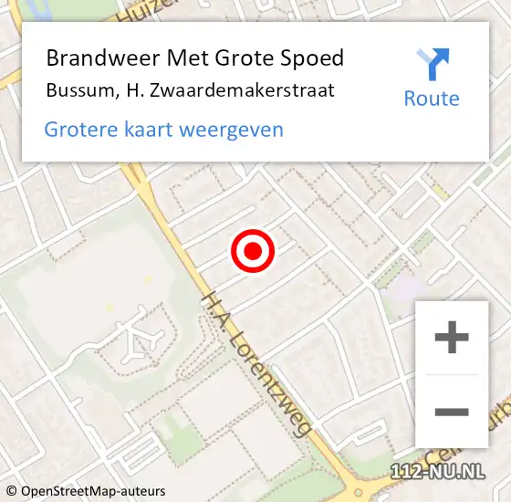 Locatie op kaart van de 112 melding: Brandweer Met Grote Spoed Naar Bussum, H. Zwaardemakerstraat op 15 februari 2022 20:29