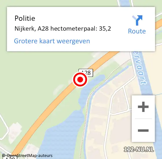 Locatie op kaart van de 112 melding: Politie Nijkerk, A28 hectometerpaal: 35,2 op 15 februari 2022 20:31