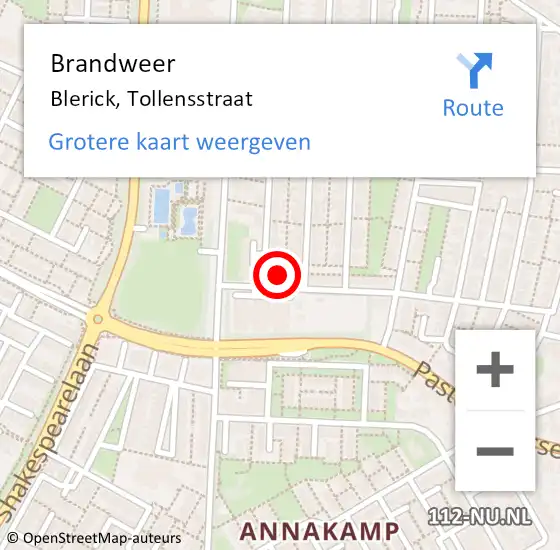 Locatie op kaart van de 112 melding: Brandweer Blerick, Tollensstraat op 8 juli 2014 12:02