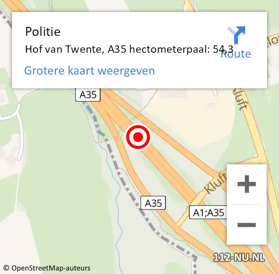 Locatie op kaart van de 112 melding: Politie Hof van Twente, A35 hectometerpaal: 54,3 op 15 februari 2022 23:40