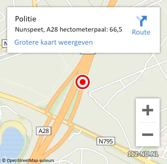 Locatie op kaart van de 112 melding: Politie Nunspeet, A28 hectometerpaal: 66,5 op 16 februari 2022 07:55