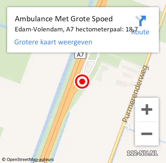 Locatie op kaart van de 112 melding: Ambulance Met Grote Spoed Naar Edam-Volendam, A7 hectometerpaal: 18,7 op 16 februari 2022 09:40