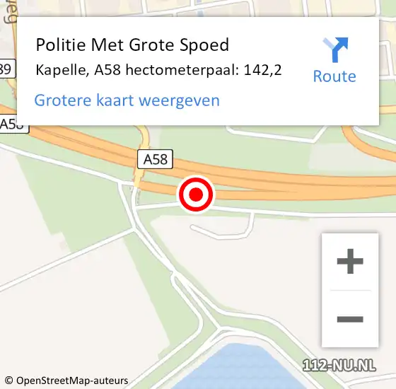 Locatie op kaart van de 112 melding: Politie Met Grote Spoed Naar Kapelle, A58 hectometerpaal: 142,2 op 16 februari 2022 10:47