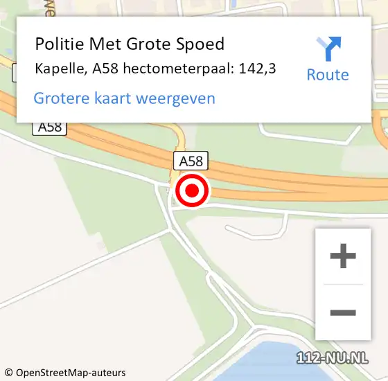 Locatie op kaart van de 112 melding: Politie Met Grote Spoed Naar Kapelle, A58 hectometerpaal: 142,3 op 16 februari 2022 10:49