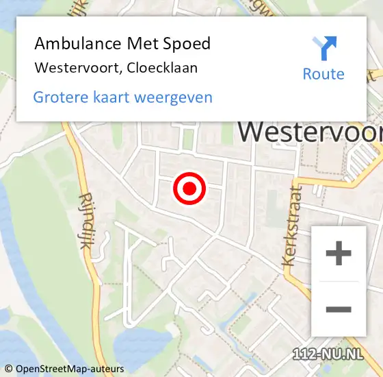 Locatie op kaart van de 112 melding: Ambulance Met Spoed Naar Westervoort, Cloecklaan op 16 februari 2022 14:10
