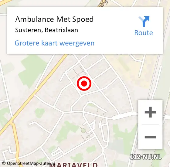 Locatie op kaart van de 112 melding: Ambulance Met Spoed Naar Susteren, Beatrixlaan op 16 februari 2022 15:02