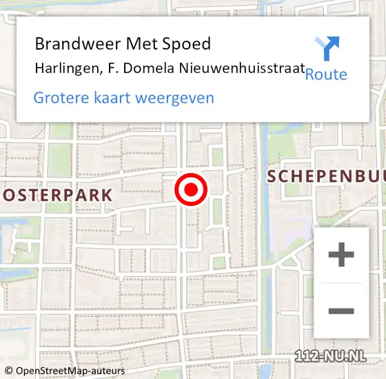Locatie op kaart van de 112 melding: Brandweer Met Spoed Naar Harlingen, F. Domela Nieuwenhuisstraat op 16 februari 2022 15:09