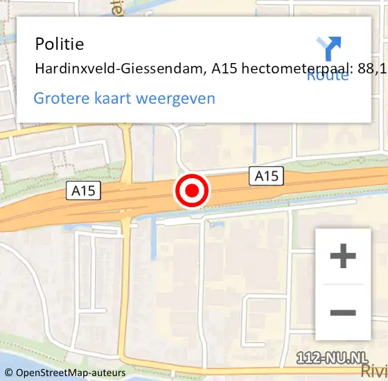 Locatie op kaart van de 112 melding: Politie Hardinxveld-Giessendam, A15 hectometerpaal: 88,1 op 16 februari 2022 15:15