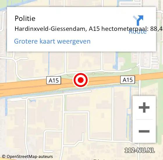 Locatie op kaart van de 112 melding: Politie Hardinxveld-Giessendam, A15 hectometerpaal: 88,4 op 16 februari 2022 15:19