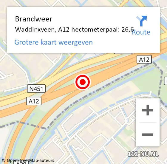 Locatie op kaart van de 112 melding: Brandweer Waddinxveen, A12 hectometerpaal: 26,6 op 16 februari 2022 15:47