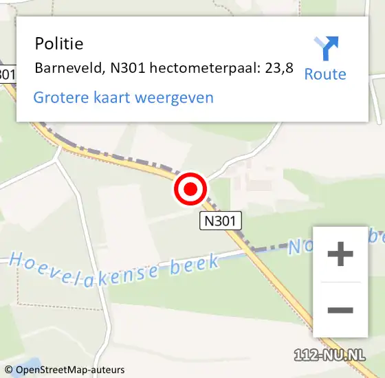 Locatie op kaart van de 112 melding: Politie Barneveld, N301 hectometerpaal: 23,8 op 16 februari 2022 16:19