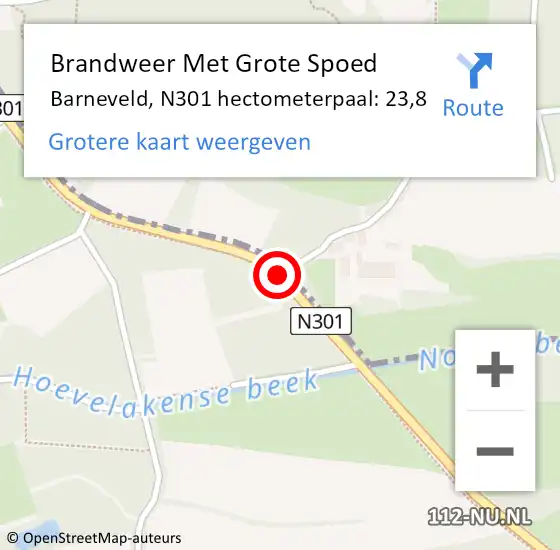 Locatie op kaart van de 112 melding: Brandweer Met Grote Spoed Naar Barneveld, N301 hectometerpaal: 23,8 op 16 februari 2022 16:19