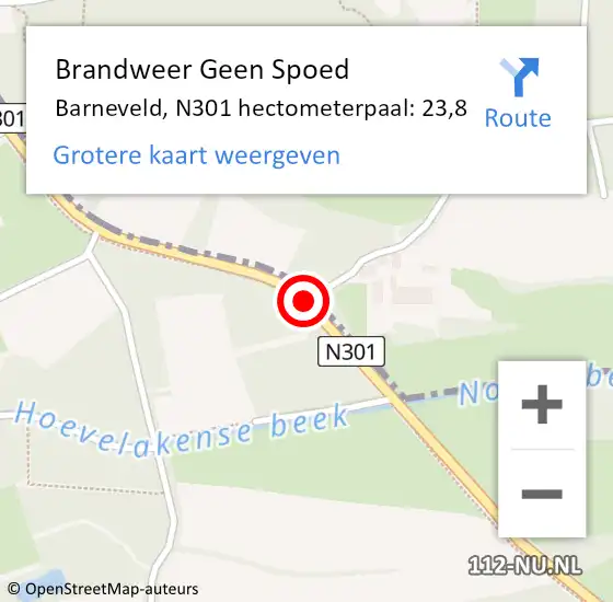 Locatie op kaart van de 112 melding: Brandweer Geen Spoed Naar Barneveld, N301 hectometerpaal: 23,8 op 16 februari 2022 16:20