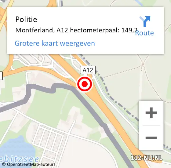 Locatie op kaart van de 112 melding: Politie Montferland, A12 hectometerpaal: 149,2 op 16 februari 2022 16:22