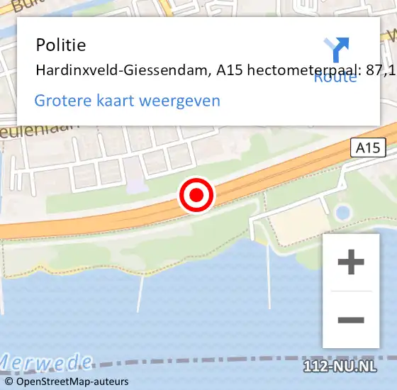 Locatie op kaart van de 112 melding: Politie Hardinxveld-Giessendam, A15 hectometerpaal: 87,1 op 16 februari 2022 16:44