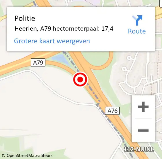 Locatie op kaart van de 112 melding: Politie Heerlen, A79 hectometerpaal: 17,4 op 16 februari 2022 17:21