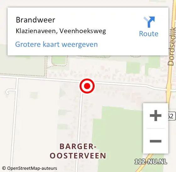 Locatie op kaart van de 112 melding: Brandweer Klazienaveen, Veenhoeksweg op 16 februari 2022 17:26