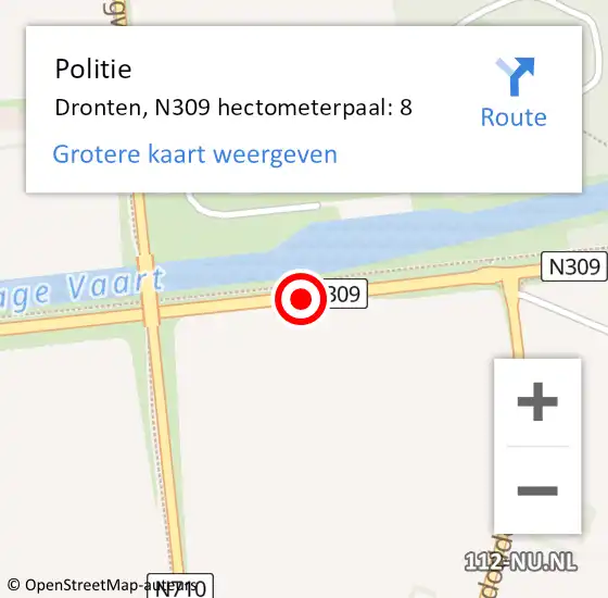 Locatie op kaart van de 112 melding: Politie Dronten, N309 hectometerpaal: 8 op 16 februari 2022 18:37