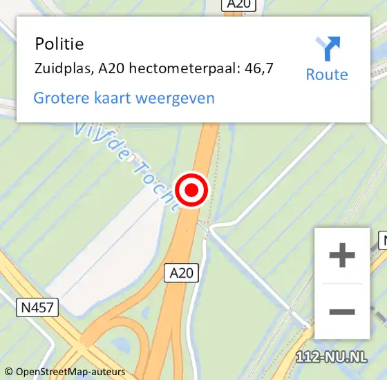 Locatie op kaart van de 112 melding: Politie Zuidplas, A20 hectometerpaal: 46,7 op 16 februari 2022 18:40