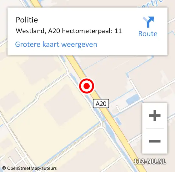 Locatie op kaart van de 112 melding: Politie Westland, A20 hectometerpaal: 11 op 16 februari 2022 19:50