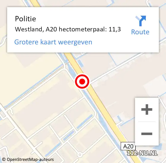 Locatie op kaart van de 112 melding: Politie Westland, A20 hectometerpaal: 11,3 op 16 februari 2022 20:14