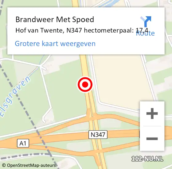 Locatie op kaart van de 112 melding: Brandweer Met Spoed Naar Hof van Twente, N347 hectometerpaal: 17,4 op 16 februari 2022 20:56