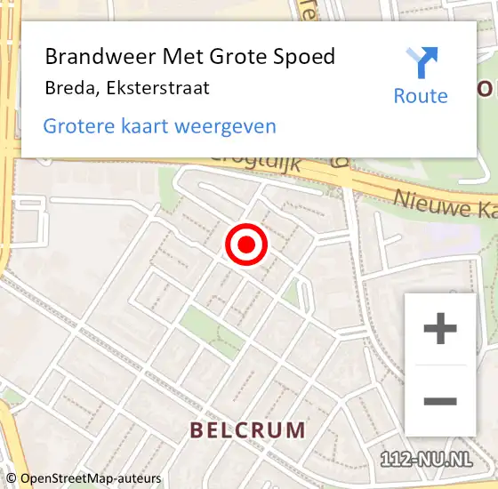 Locatie op kaart van de 112 melding: Brandweer Met Grote Spoed Naar Breda, Eksterstraat op 16 februari 2022 21:46