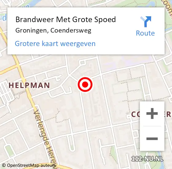 Locatie op kaart van de 112 melding: Brandweer Met Grote Spoed Naar Groningen, Coendersweg op 16 februari 2022 21:47