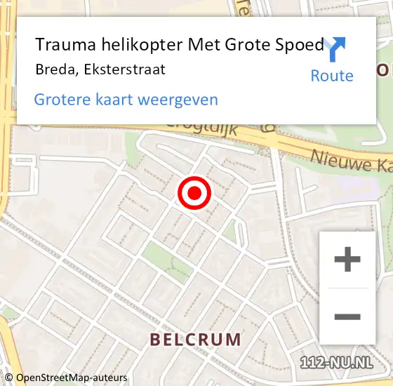 Locatie op kaart van de 112 melding: Trauma helikopter Met Grote Spoed Naar Breda, Eksterstraat op 16 februari 2022 21:51