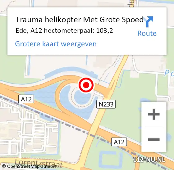 Locatie op kaart van de 112 melding: Trauma helikopter Met Grote Spoed Naar Ede, A12 hectometerpaal: 103,2 op 16 februari 2022 22:36