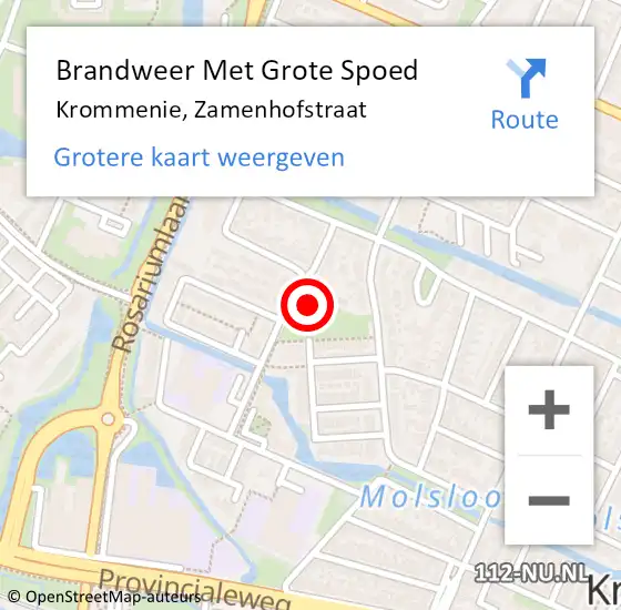 Locatie op kaart van de 112 melding: Brandweer Met Grote Spoed Naar Krommenie, Zamenhofstraat op 16 februari 2022 22:41