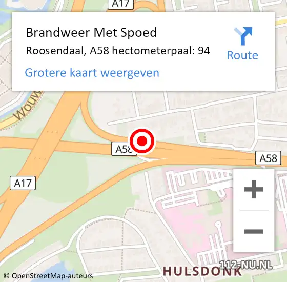 Locatie op kaart van de 112 melding: Brandweer Met Spoed Naar Roosendaal, A58 hectometerpaal: 94 op 16 februari 2022 23:05