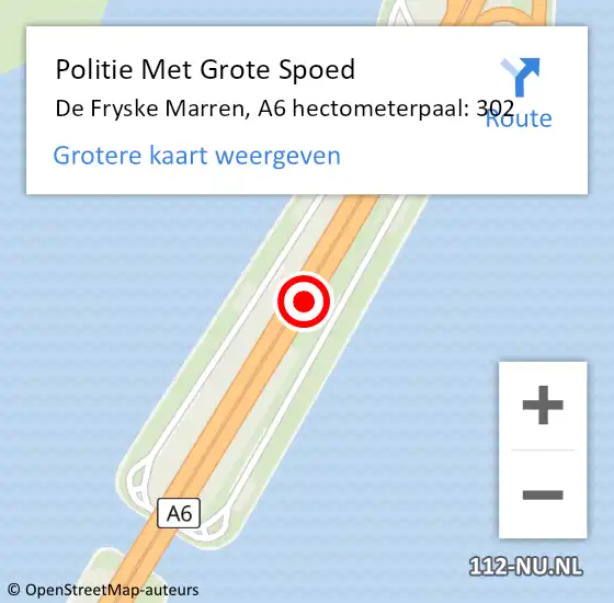 Locatie op kaart van de 112 melding: Politie Met Grote Spoed Naar De Fryske Marren, A6 hectometerpaal: 302 op 17 februari 2022 00:16