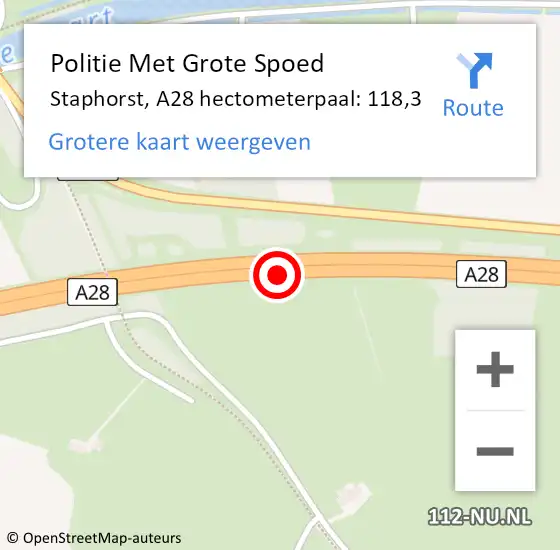 Locatie op kaart van de 112 melding: Politie Met Grote Spoed Naar Staphorst, A28 hectometerpaal: 118,3 op 17 februari 2022 03:37