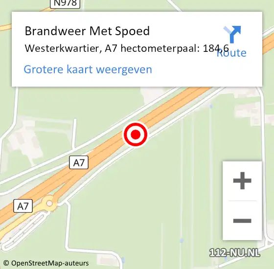 Locatie op kaart van de 112 melding: Brandweer Met Spoed Naar Westerkwartier, A7 hectometerpaal: 184,6 op 17 februari 2022 04:07