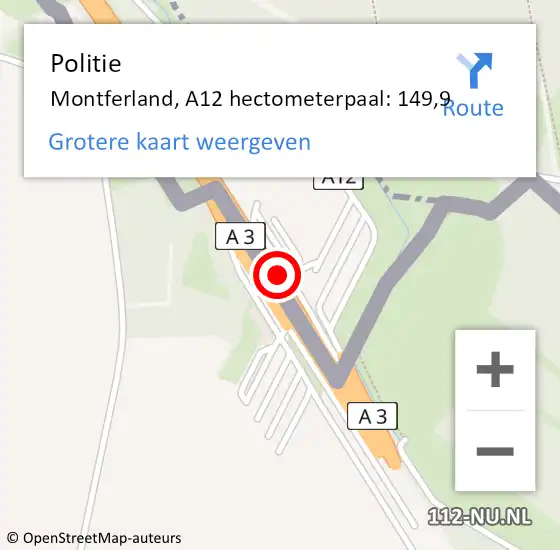 Locatie op kaart van de 112 melding: Politie Montferland, A12 hectometerpaal: 149,9 op 17 februari 2022 04:30