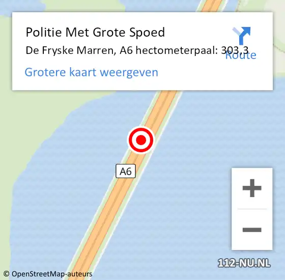 Locatie op kaart van de 112 melding: Politie Met Grote Spoed Naar De Fryske Marren, A6 hectometerpaal: 303,3 op 17 februari 2022 07:35