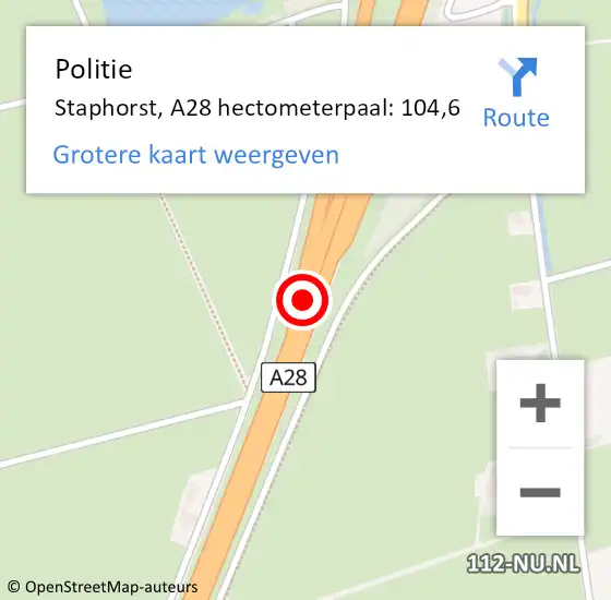 Locatie op kaart van de 112 melding: Politie Staphorst, A28 hectometerpaal: 104,6 op 17 februari 2022 08:04