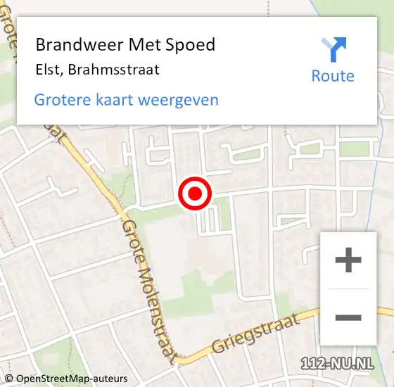 Locatie op kaart van de 112 melding: Brandweer Met Spoed Naar Elst, Brahmsstraat op 17 februari 2022 08:17
