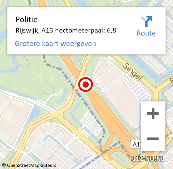 Locatie op kaart van de 112 melding: Politie Rijswijk, A13 hectometerpaal: 6,8 op 17 februari 2022 08:45