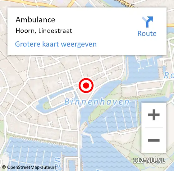 Locatie op kaart van de 112 melding: Ambulance Hoorn, Lindestraat op 17 februari 2022 09:26