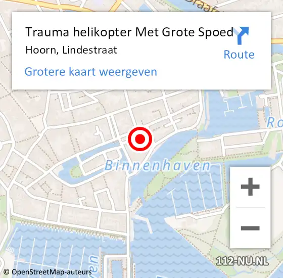 Locatie op kaart van de 112 melding: Trauma helikopter Met Grote Spoed Naar Hoorn, Lindestraat op 17 februari 2022 09:32