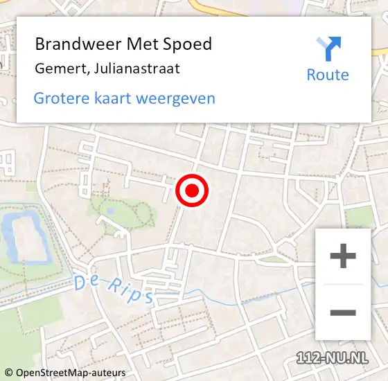 Locatie op kaart van de 112 melding: Brandweer Met Spoed Naar Gemert, Julianastraat op 17 februari 2022 10:37