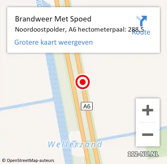 Locatie op kaart van de 112 melding: Brandweer Met Spoed Naar Noordoostpolder, A6 hectometerpaal: 288,5 op 17 februari 2022 13:22