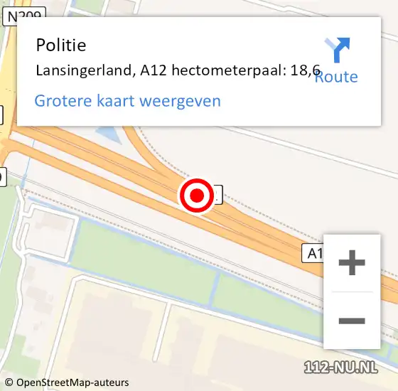 Locatie op kaart van de 112 melding: Politie Lansingerland, A12 hectometerpaal: 18,6 op 17 februari 2022 13:25