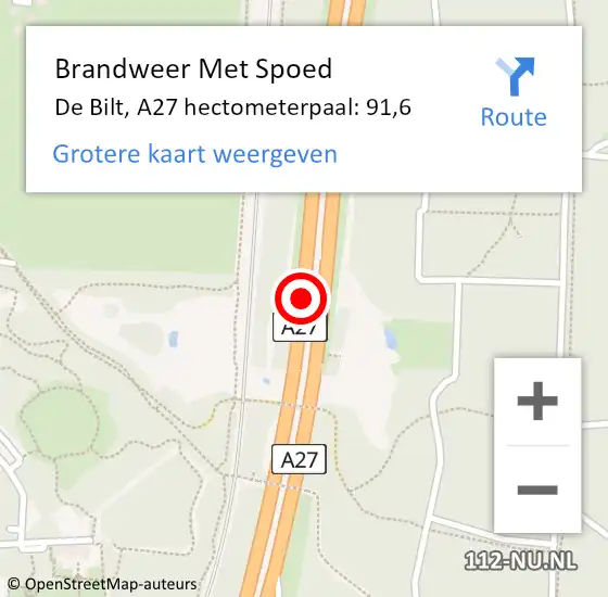 Locatie op kaart van de 112 melding: Brandweer Met Spoed Naar De Bilt, A27 hectometerpaal: 91,6 op 17 februari 2022 14:52