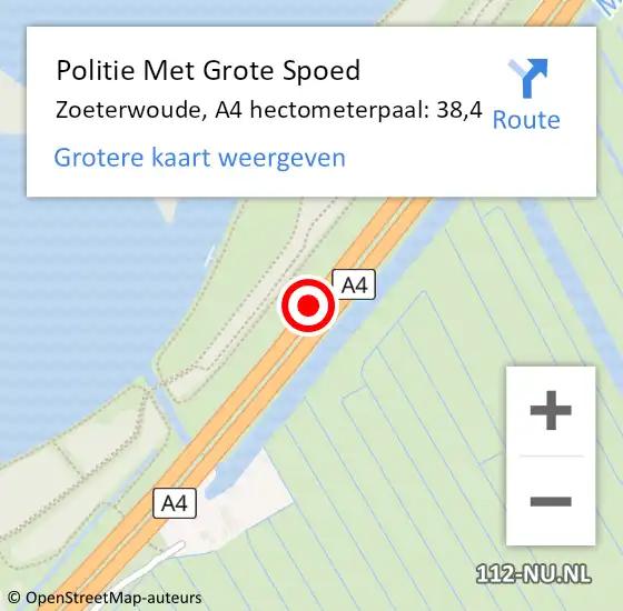 Locatie op kaart van de 112 melding: Politie Met Grote Spoed Naar Zoeterwoude, A4 hectometerpaal: 38,4 op 17 februari 2022 15:10