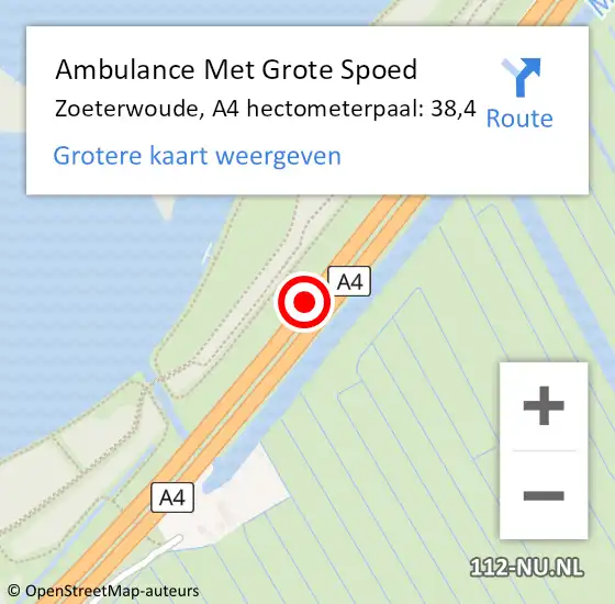 Locatie op kaart van de 112 melding: Ambulance Met Grote Spoed Naar Zoeterwoude, A4 hectometerpaal: 38,4 op 17 februari 2022 15:12