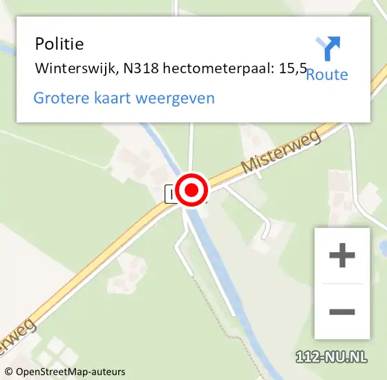 Locatie op kaart van de 112 melding: Politie Winterswijk, N318 hectometerpaal: 15,5 op 17 februari 2022 20:03