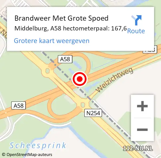 Locatie op kaart van de 112 melding: Brandweer Met Grote Spoed Naar Middelburg, A58 hectometerpaal: 167,6 op 17 februari 2022 23:02